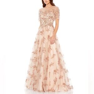 Mac Duggal Champagne Embellished Illusion Cap Sleeve A-Line Evening Gown Reemoly